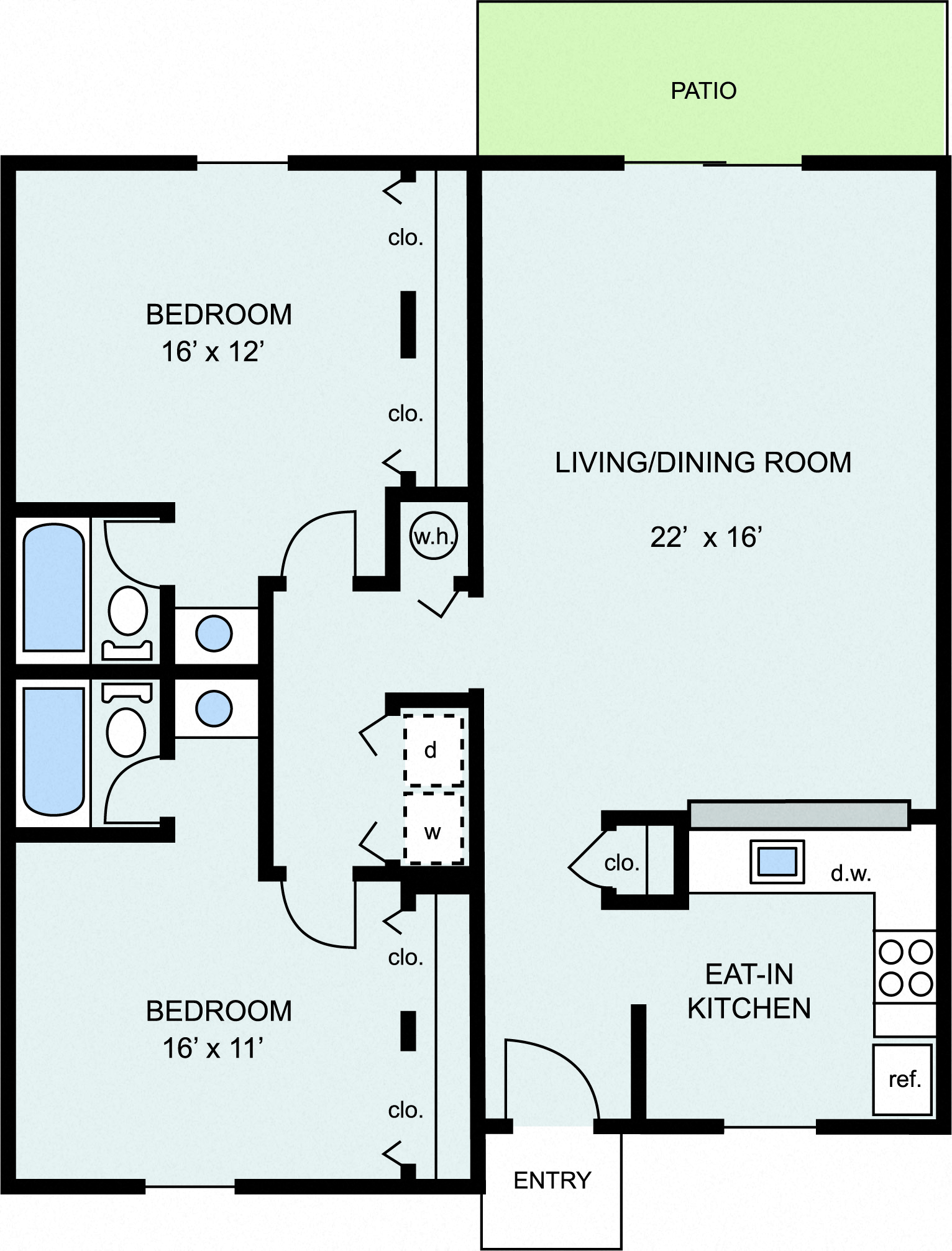 Floor plan for 2 beds, 2 baths, 1088 sqft